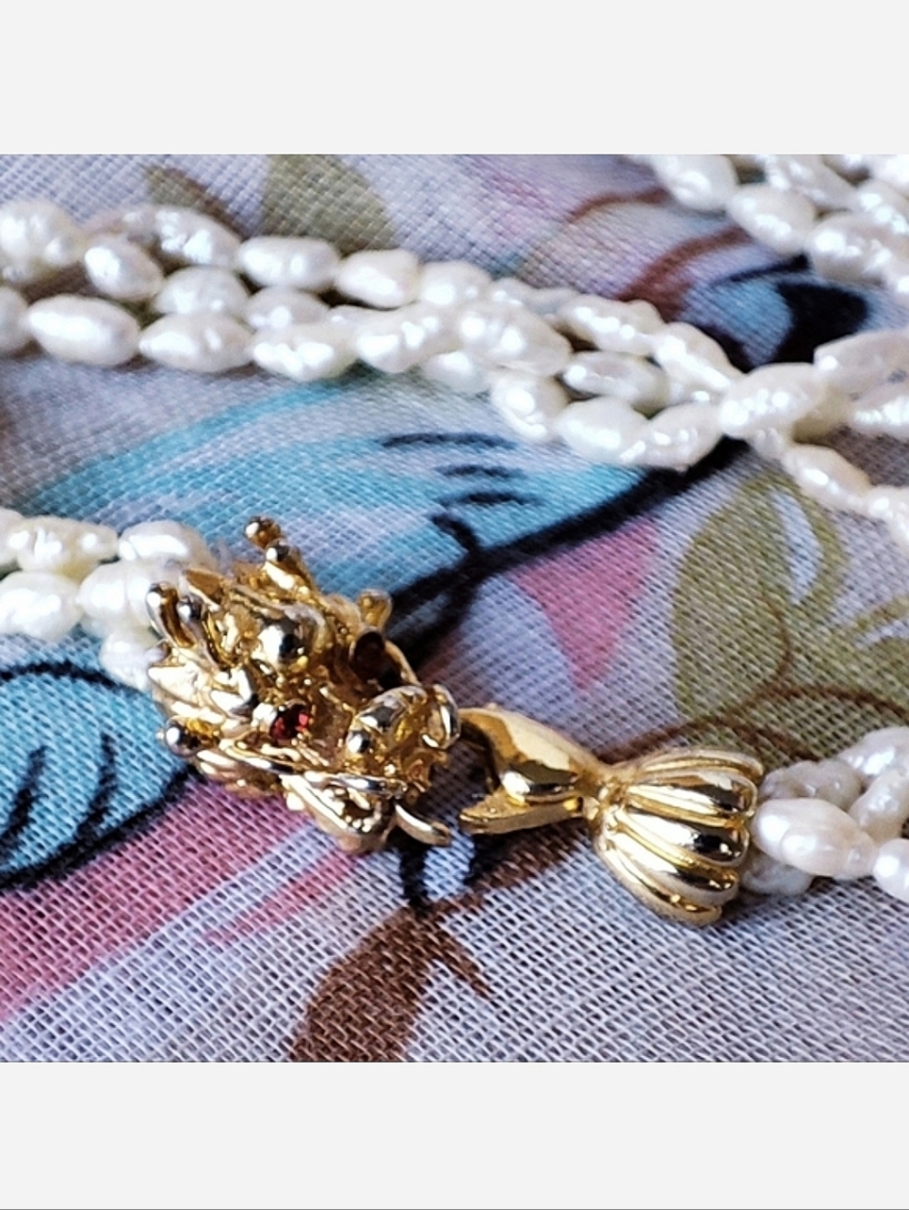 3D Dragon Clasp Gritty Rice Pearls 3 Strand Gold Tone Vintage Necklace EUC